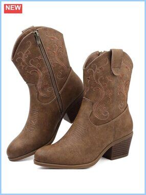 Women's Embroidered Western Cowboy Ankle Boots Faux Leather Side Zip Block Heel